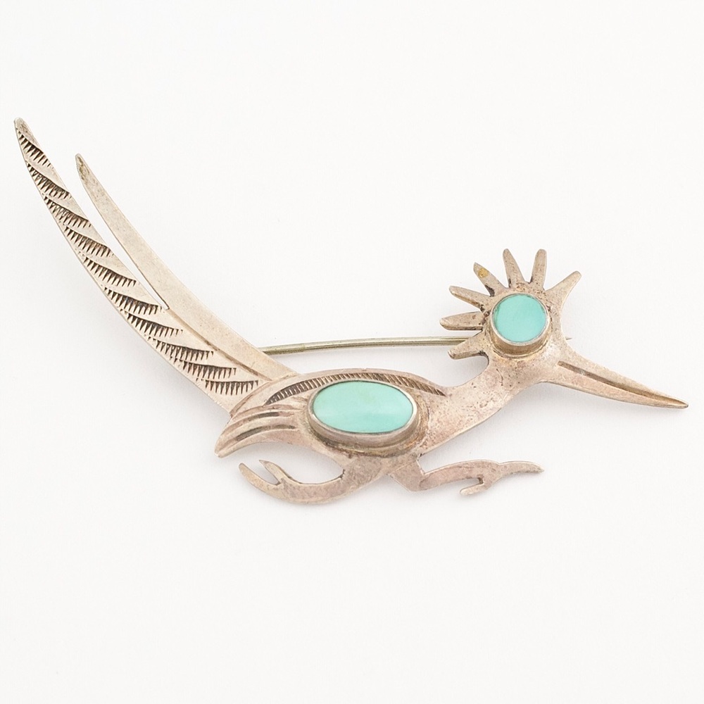Vintage Southwestern Turquoise Sterling Silver Roadrunner Brooch Pin